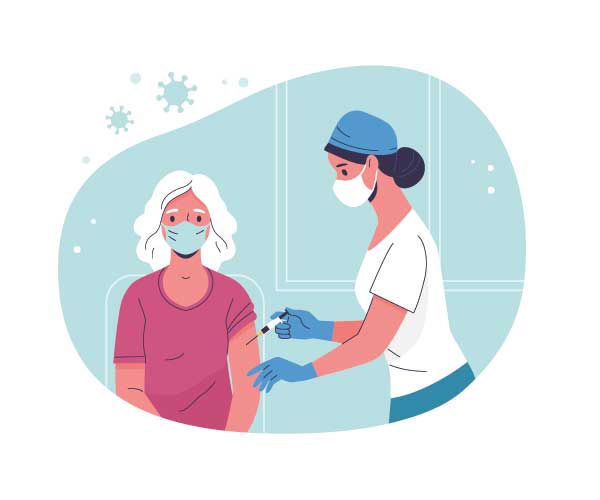 llustration av en kvinnlig läkare som ger en vaccindos på en patient.